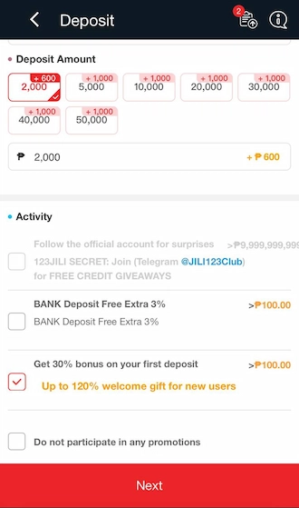 Step 3: Select the amount you want to deposit and choose a promotional activity when depositing. Then press “NEXT” to move to the next step.