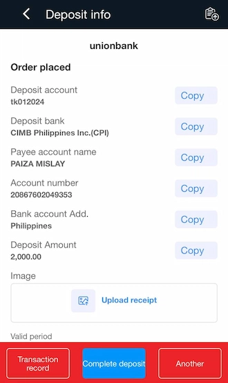 Step 4: The system will display Unionbank deposit information. Copy this deposit information and open your bank app to transfer.