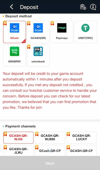 Step 2: Please choose GCash as the deposit method. Then choose one of the GCash payment channels shown below.