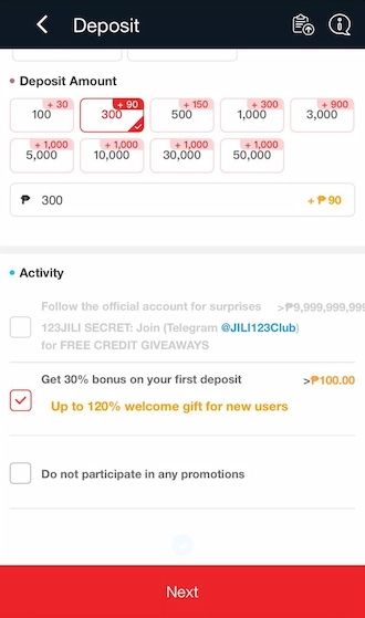 Step 3: Choose the default deposit amount or enter the deposit amount yourself.