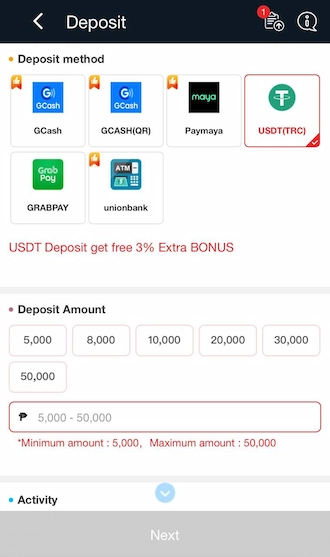 Step 1: Among the deposit methods available. Select "USDT (TRC)" deposit method.