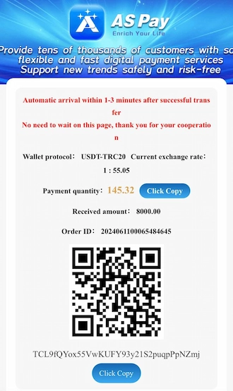 Step 3: A QR code with the cryptocurrency wallet address is displayed. Open your cryptocurrency wallet and make a USDT transfer via the QR code or wallet address we provide.