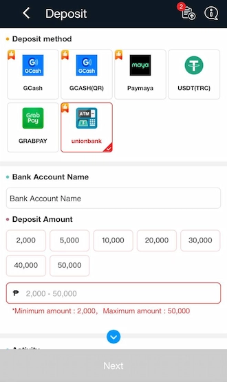 Step 2: Bettors in the Philippines must access the Deposit section and fill in the bank account name information.