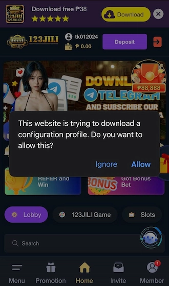 Step 2: The system will then display a notification. Players need to click "Allow" on this notification to allow the website to download the app's profile.