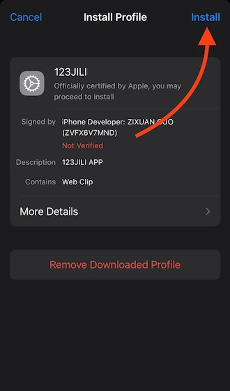 Step 3: Once the profile has been downloaded, go to your phone's settings and select the profile you just downloaded. Then click "Install" this profile.