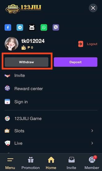 Step 1: For the first step, new players, please access the “Withdraw” section.